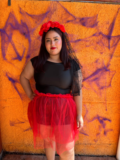 Cintillo catrina roja con encaje negro