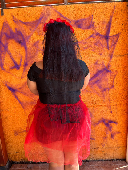 Cintillo catrina roja con encaje negro