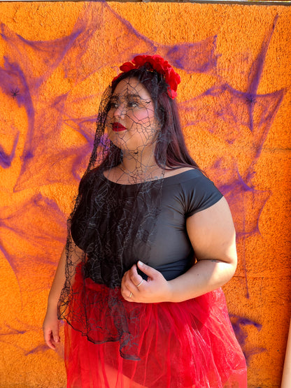 Cintillo catrina roja con encaje negro